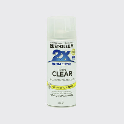 Rust-Oleum 298g 2X Ultra Cover Satin Clear Spray Paint, Fast Drying, Indoor/Outdoor Use