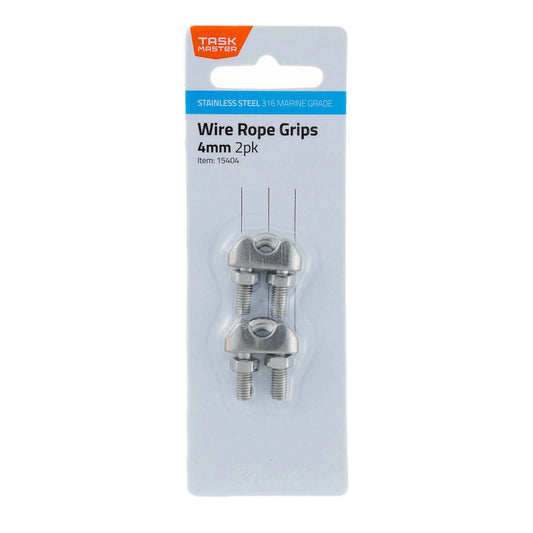 Taskmaster 4mm Marine Grade 316 Stainless Steel Wire Rope Grips - 2 Pack