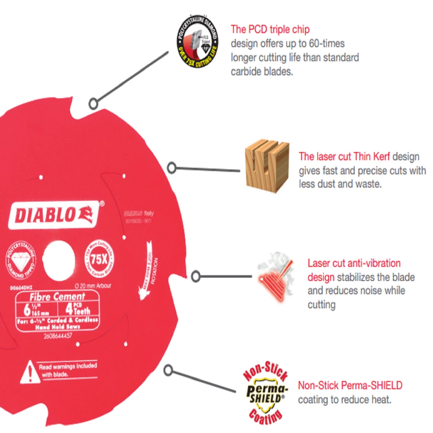 Diablo PCD Fibre Cement Saw Blade 184mm 4T - Long Life, Dust Reduction