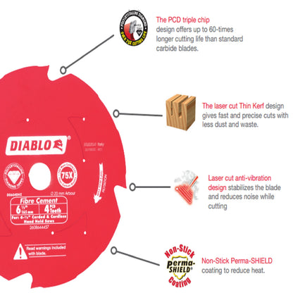 Diablo PCD Fibre Cement Saw Blade 184mm 4T - Long Life, Dust Reduction
