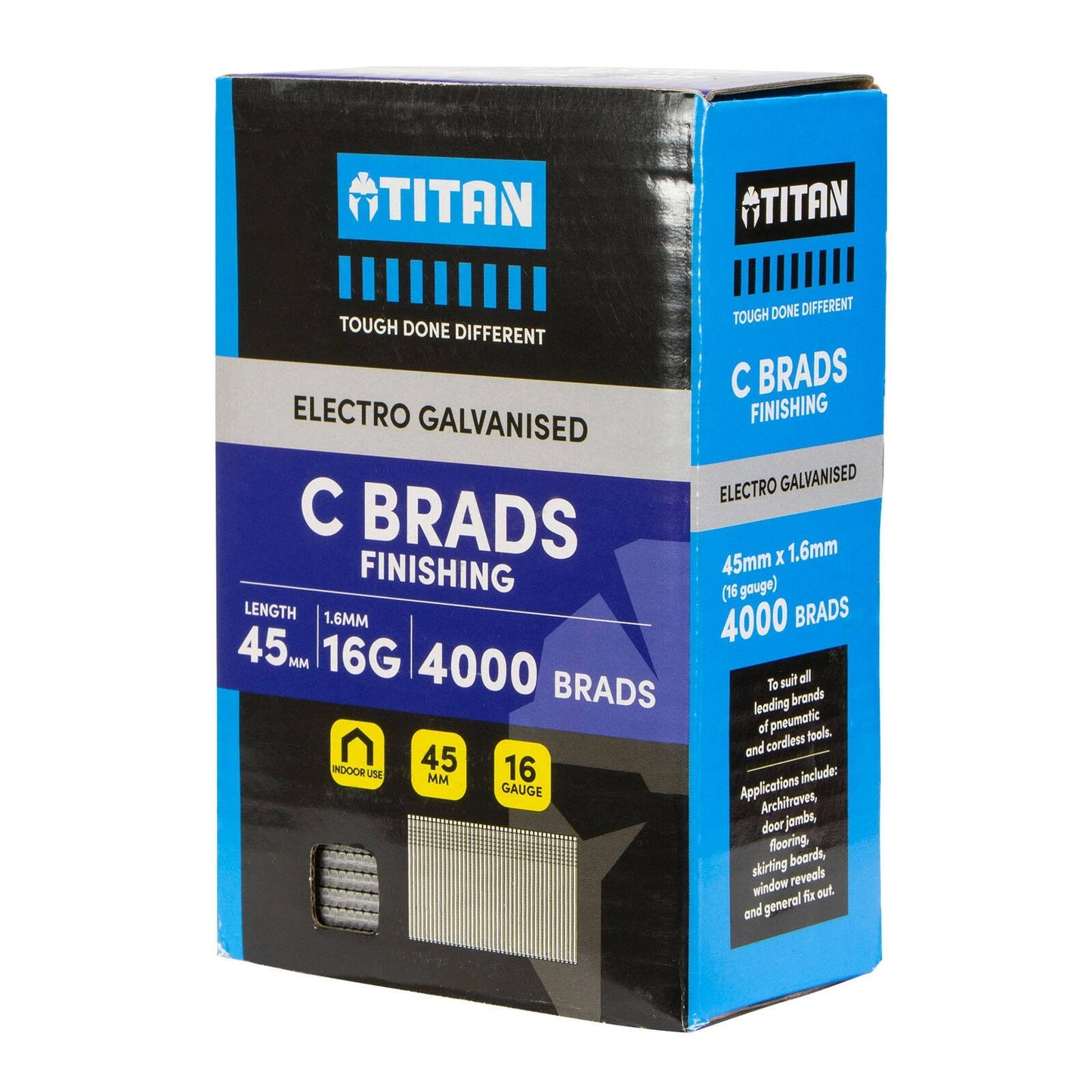 Titan 45x1.6mm Electro Galvanised Straight Collated Nail C Brads, 4000 Pack, Corrosion Resistant