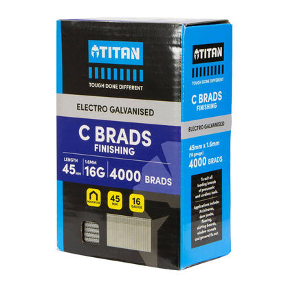 Titan 45x1.6mm Electro Galvanised Straight Collated Nail C Brads, 4000 Pack, Corrosion Resistant
