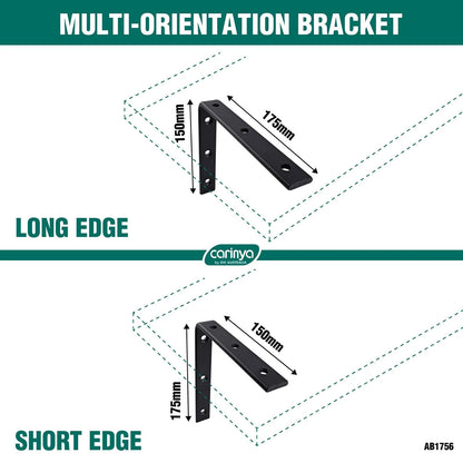 Carinya Heavy-Duty Black Angle Bracket 175x150mm, Stainless Steel, 100kg Load