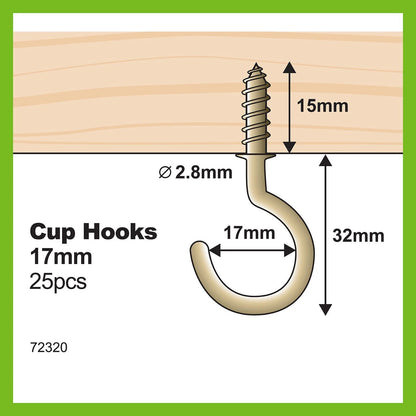 Everhang Brass Plated Cup Hooks 17mm - Pack of 25, Secure & Easy Installation