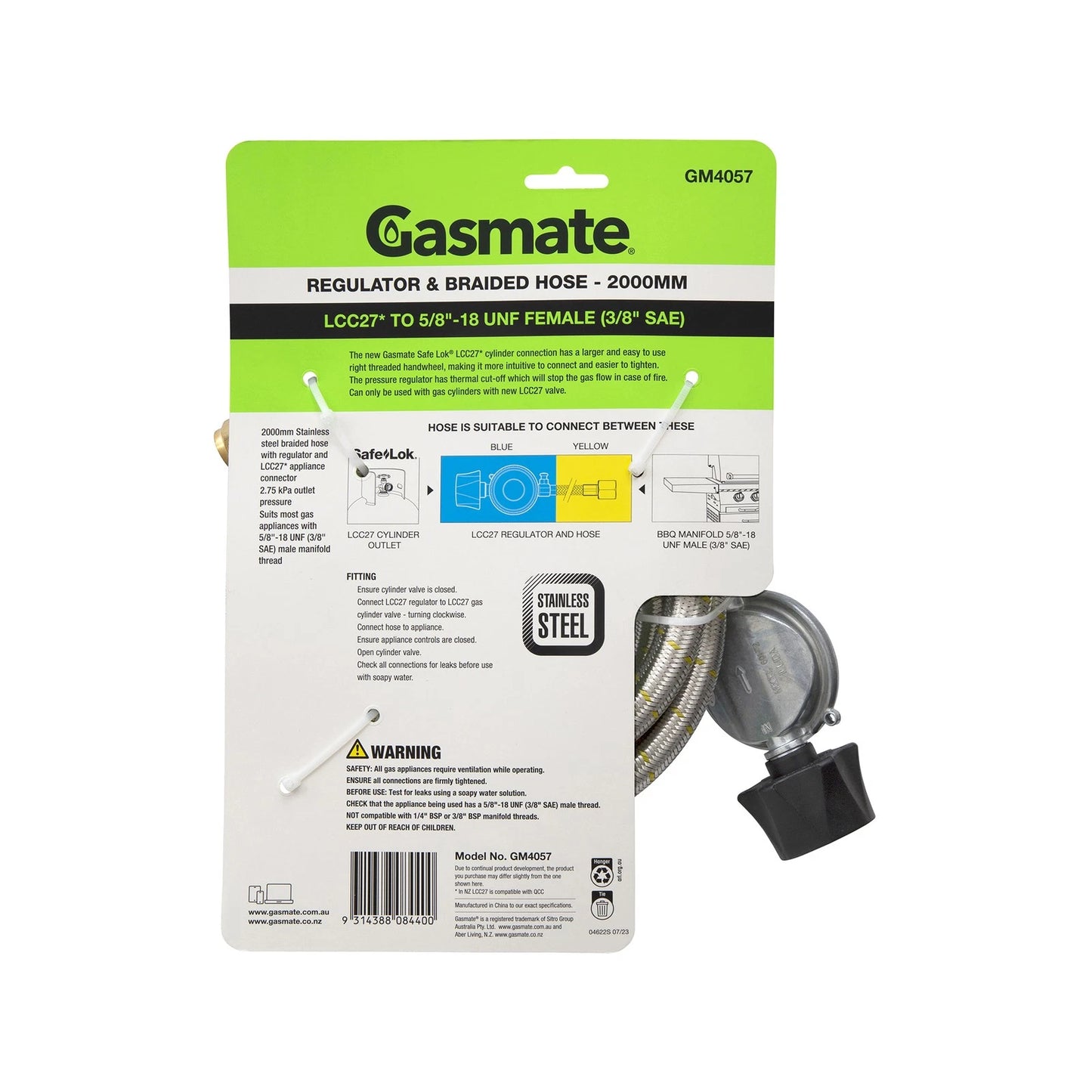 Gasmate 2000mm Regulator & Braided Hose LCC27 to 5/8" UNF for BBQ & Camping