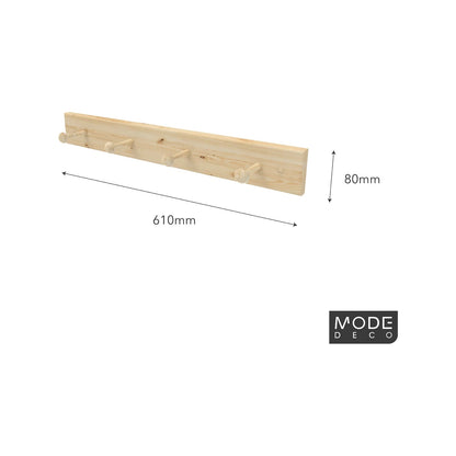 MODE 4 Natural Pine Hook Rack - 4 Hooks, Durable Timber, Easy Installation