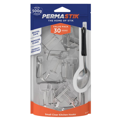 Permastik Small Clear Kitchen Hooks 30 Pack - No Drilling, Easy Removal, Supports 500g