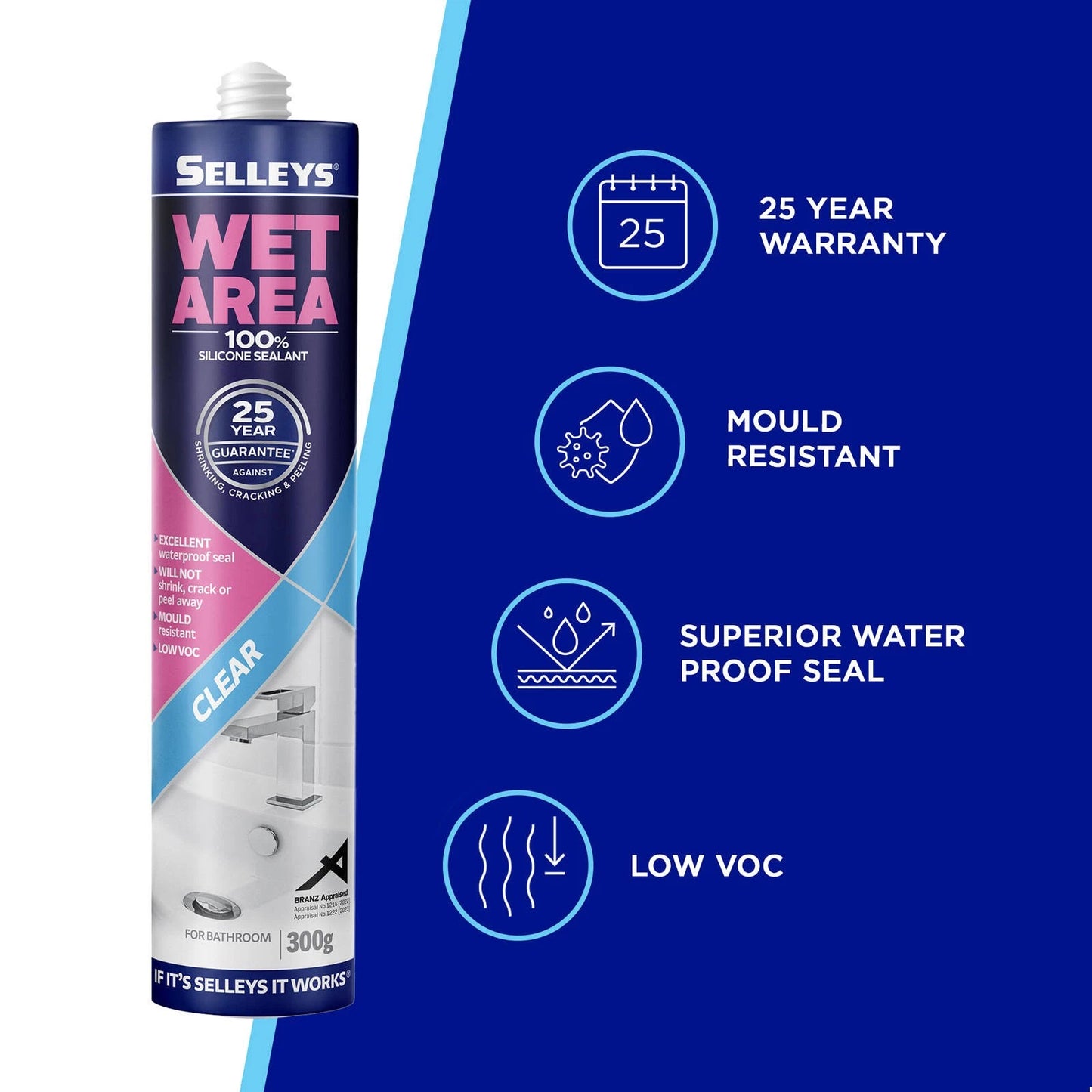 Selleys 300g Clear Wet Area Silicone Sealant - Waterproof, Mould Resistant, Indoor Use