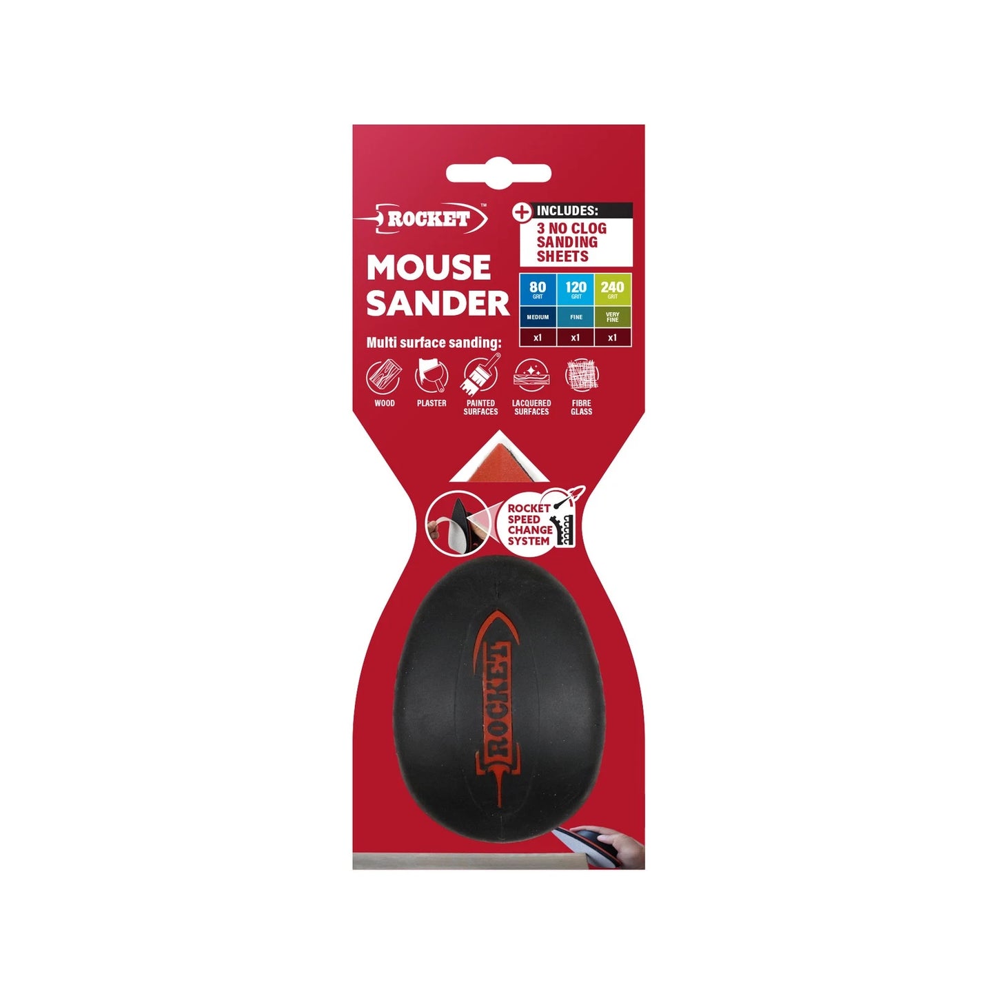 Rocket Mouse Sander - Ergonomic Design, Precision Tip, Multi-Surface Use, Includes 3 Sanding Sheets