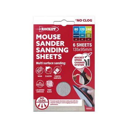 Rocket Mouse Sander Sanding Sheets 6 Pack - Multi-Grit, Hook & Loop, Non-Clogging Surface