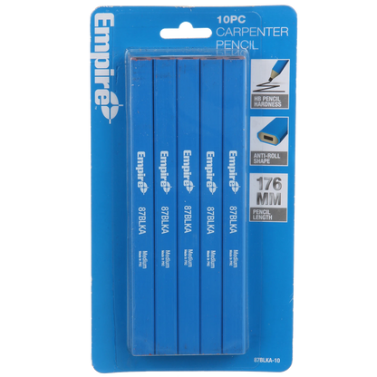 Empire Carpenters Pencil 10 Pack - Blue, Flat Shape, Medium Graphite, Waterproof