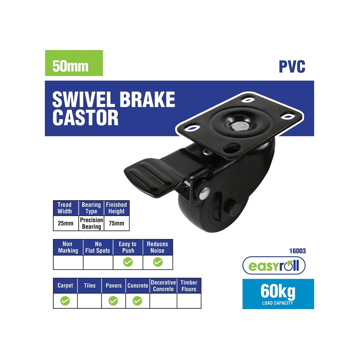 Easyroll 50mm Black PVC Swivel Castor with Brake, 60kg Load Capacity, Indoor/Outdoor Use