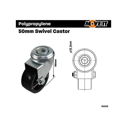 Move It 50mm Swivel Bolt Hole Castor for Carpet, Durable Nylon Wheels, Low Profile