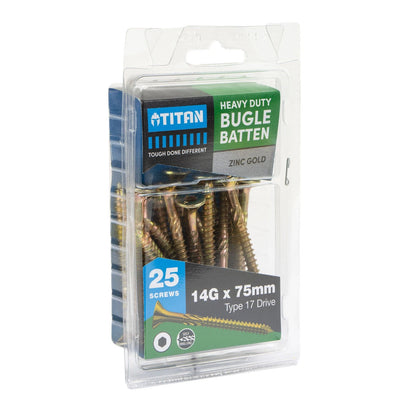 Titan 14g x 75mm Zinc Gold Bugle Batten Screw - 25 Pcs, Corrosion Resistant, High-Torque