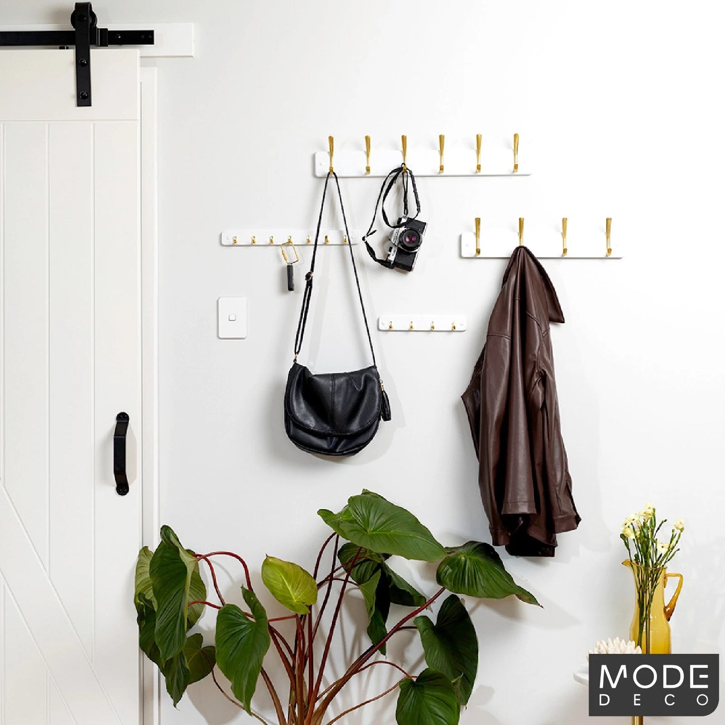 MODE 7 Brushed Brass Hooks White Board Key Rack - Durable, Elegant, 7 Hooks