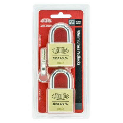 Lockwood 40mm Brass Padlock 2 Pack - Heavy Duty, Corrosion Resistant, Double Locking
