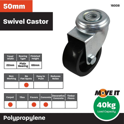 Move It 50mm Swivel Bolt Hole Castor for Carpet, Durable Nylon Wheels, Low Profile