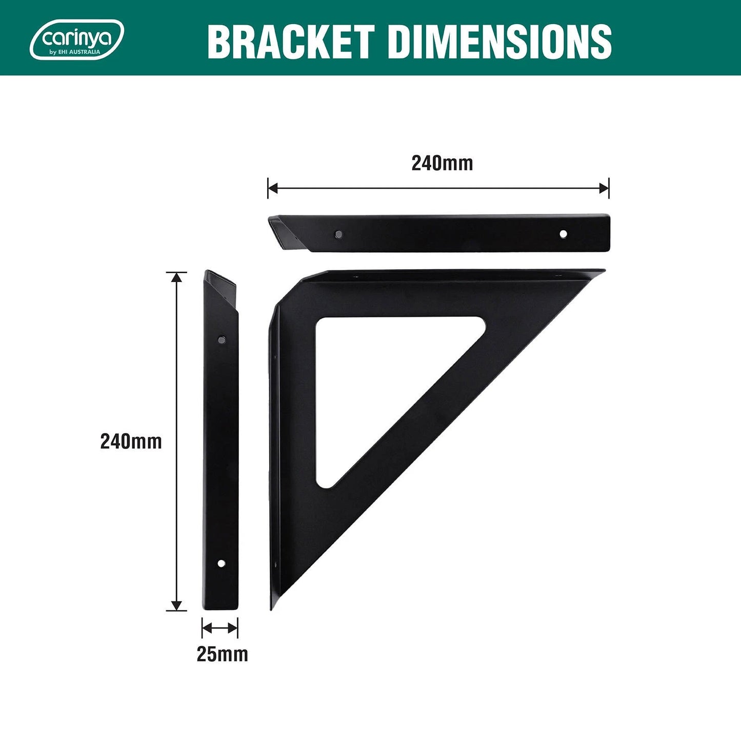 Carinya Black Triangle Stayed Bracket 240x240mm, 100kg Load, Indoor/Outdoor Use