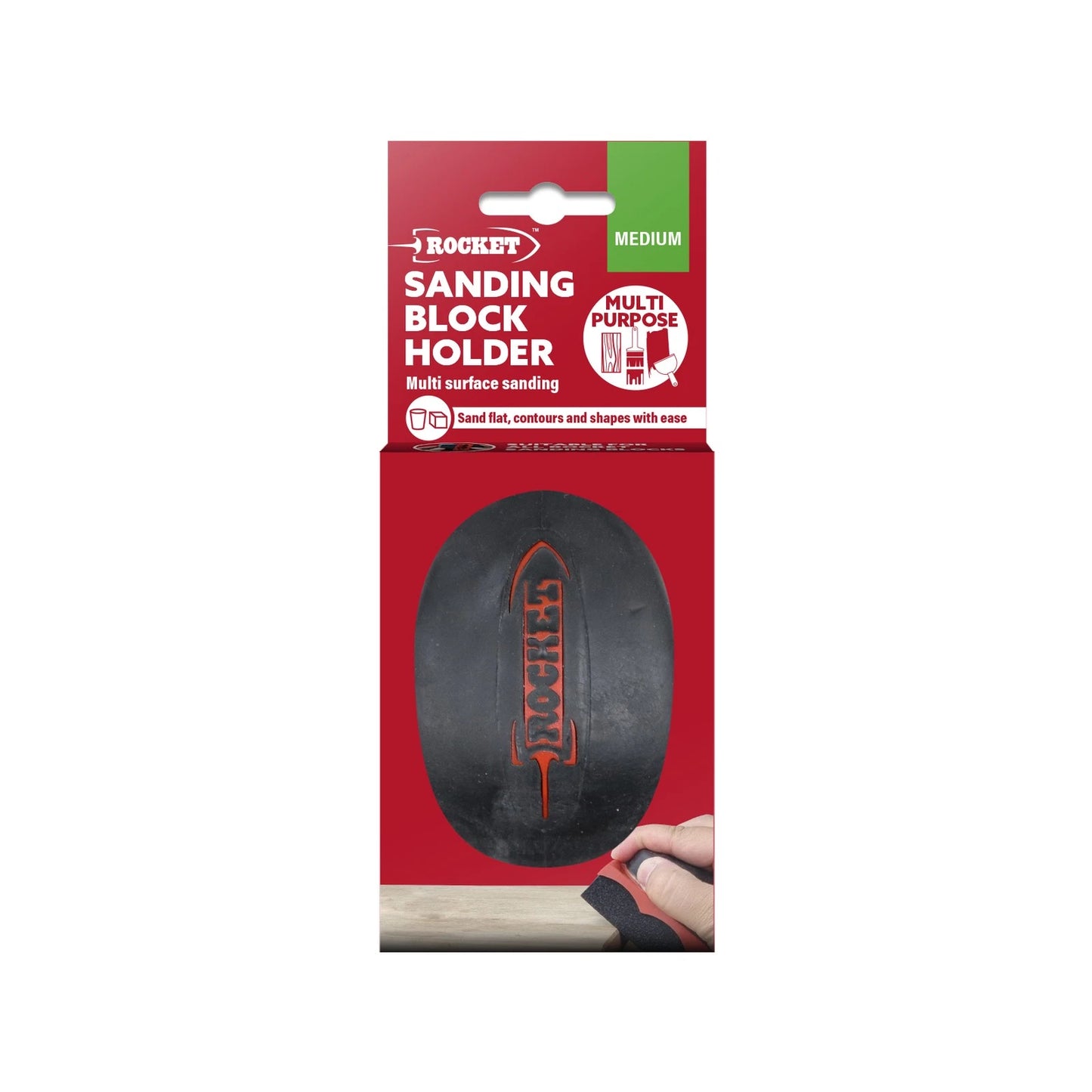 Rocket Sanding Block Holder with Medium Grit Sponge, Ergonomic, Multi-Surface, Wet/Dry Use