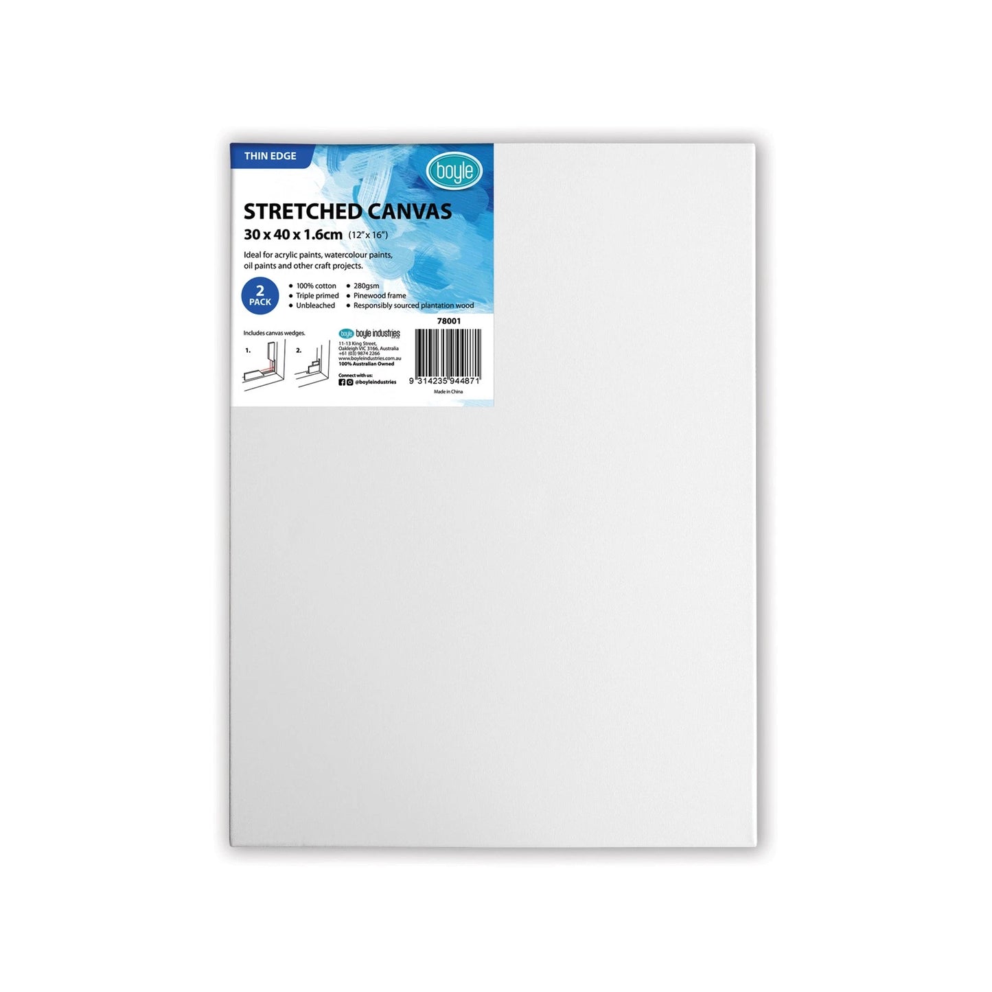 Boyle 30x40cm Thin Edge Stretched Canvas 2 Pack - 100% Cotton, Triple Primed, Pinewood Frame