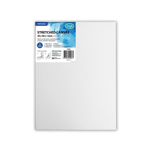 Boyle 30x40cm Thin Edge Stretched Canvas 2 Pack - 100% Cotton, Triple Primed, Pinewood Frame
