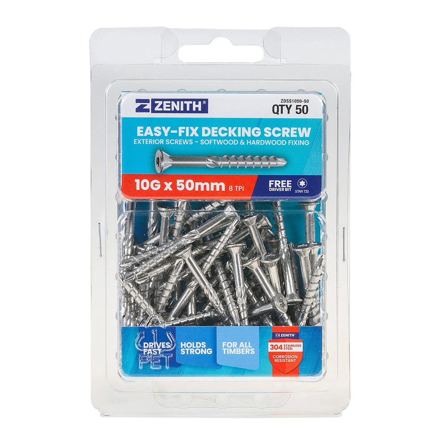 Zenith Easy-Fix SS304 Decking Screws T20 10G x 50mm, Corrosion-Resistant, 50 Pack