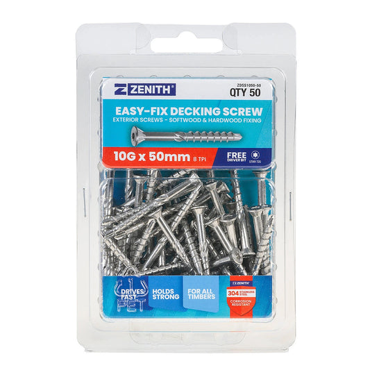 Zenith Easy-Fix SS304 Decking Screws T20 10G x 50mm, Corrosion-Resistant, 50 Pack