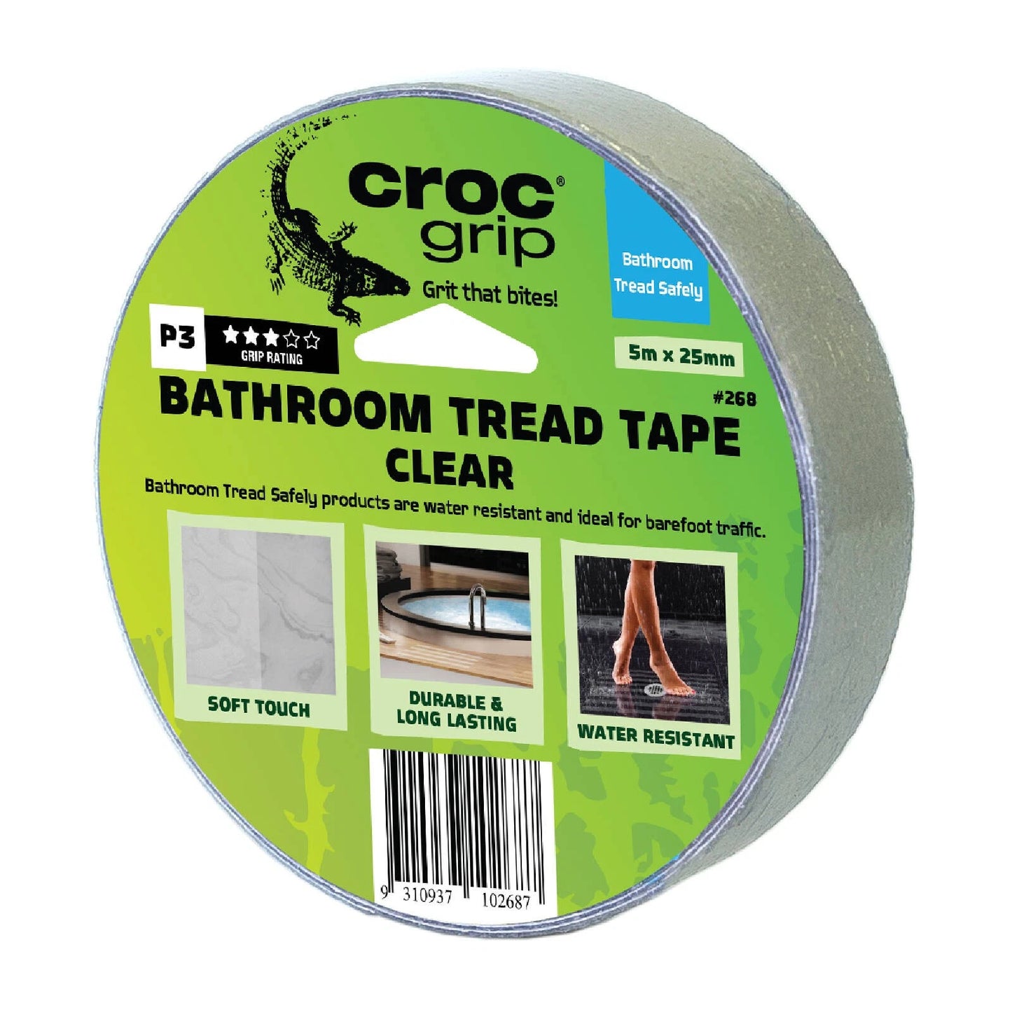 Croc Grip Clear Bathroom Tread Tape 5m x 25mm, Slip-Resistant, Water-Resistant, Vinyl