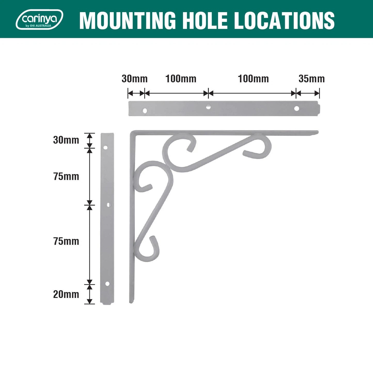 Carinya Heavy Duty 250x200mm White Scroll Bracket, 200kg Load, Indoor/Outdoor Use