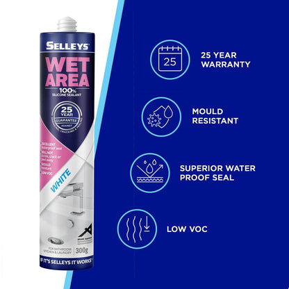 Selleys 300g White Waterproof Silicone Sealant for Wet Areas - Mould Resistant, Indoor Use
