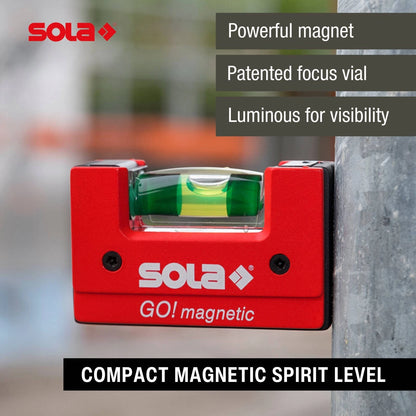 SOLA Mini Compact Spirit Level with Magnetic Clip, Focus Vial, V-Groove, Luminous Backing