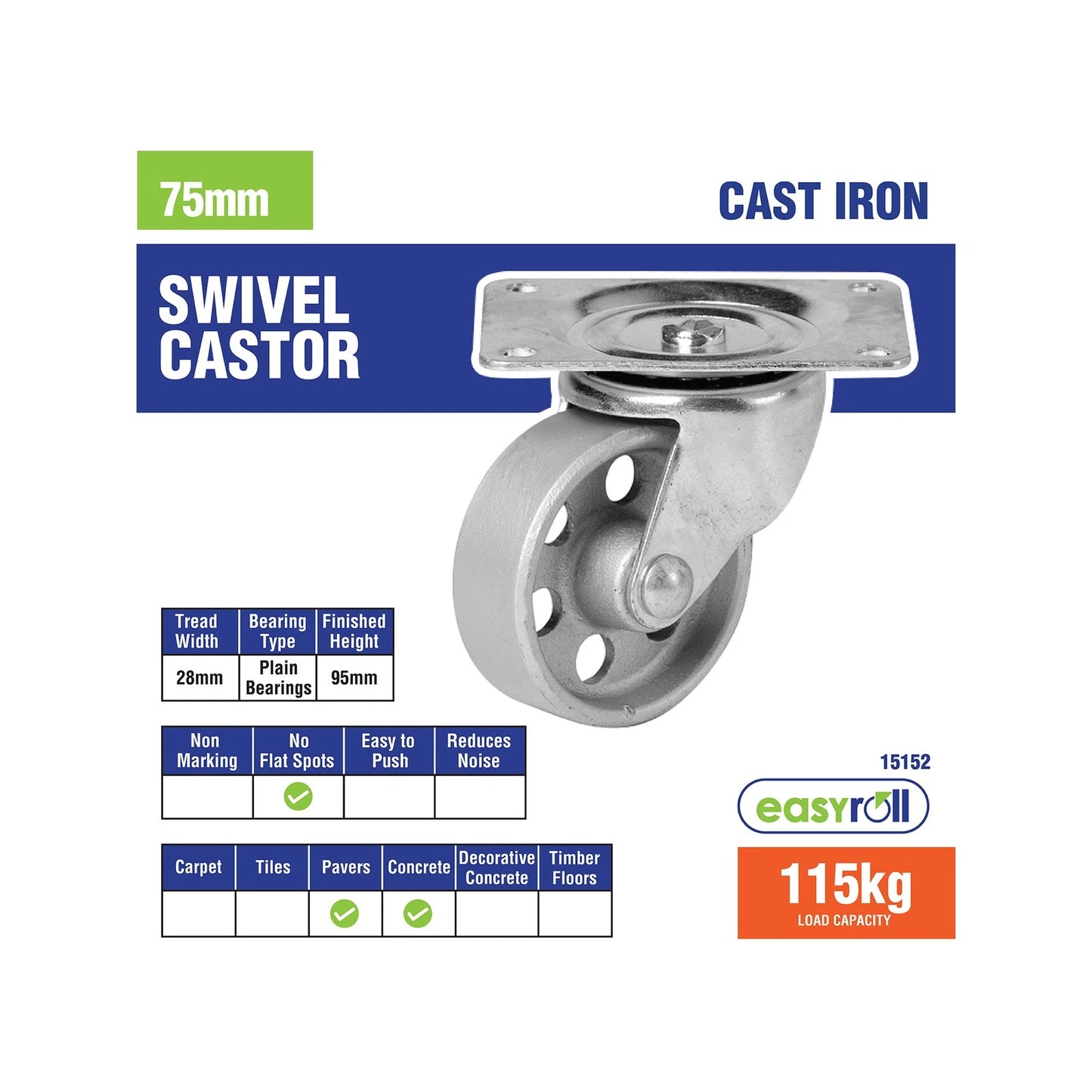 Easyroll 75mm Cast Iron Swivel Plate Castor, 115kg Load, Indoor Use, 360° Rotation