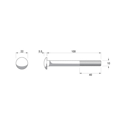 ZENITH M10 x 100mm Zinc Plated Cup Head Bolt & Nut, Low Profile, Square Neck