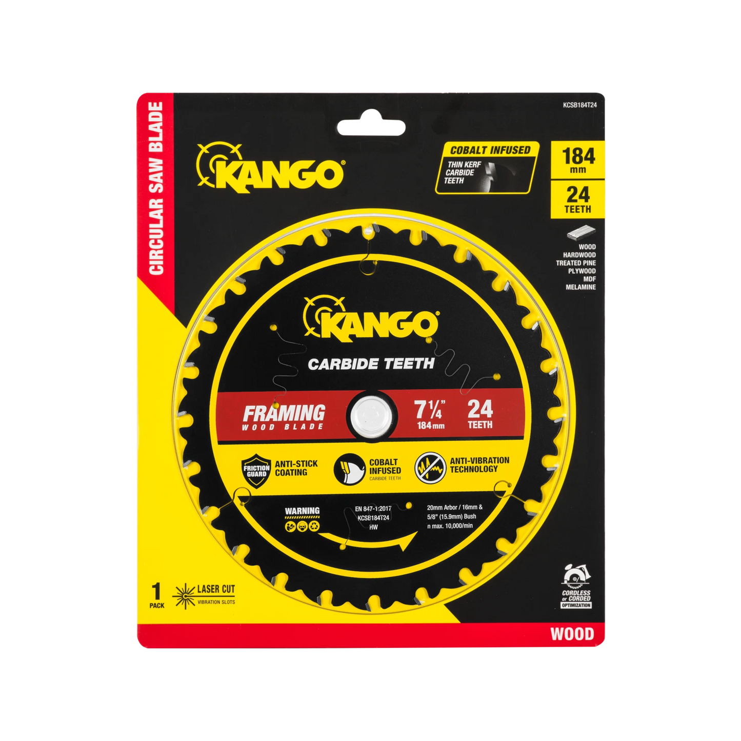 Kango 184mm 24T Wood Circular Saw Blade, Cobalt-Infused, Anti-Stick, Anti-Kickback