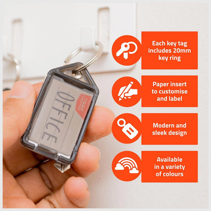 Taskmaster Black Key Tags 56x29x6mm, 50 Pack - Durable, Easy Labeling, Secure Attachment