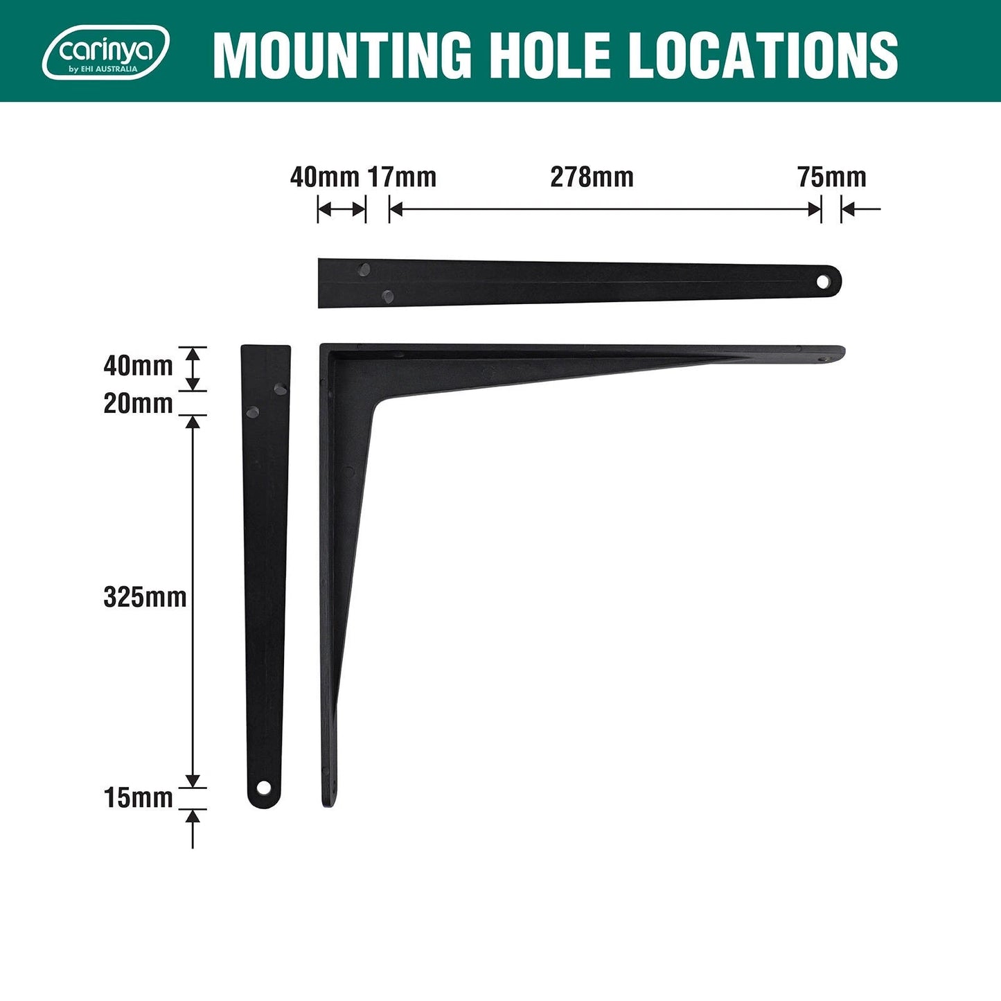 Carinya Black Heavy Duty Cast Aluminium Angle Bracket 400x350mm, 150kg Load Capacity
