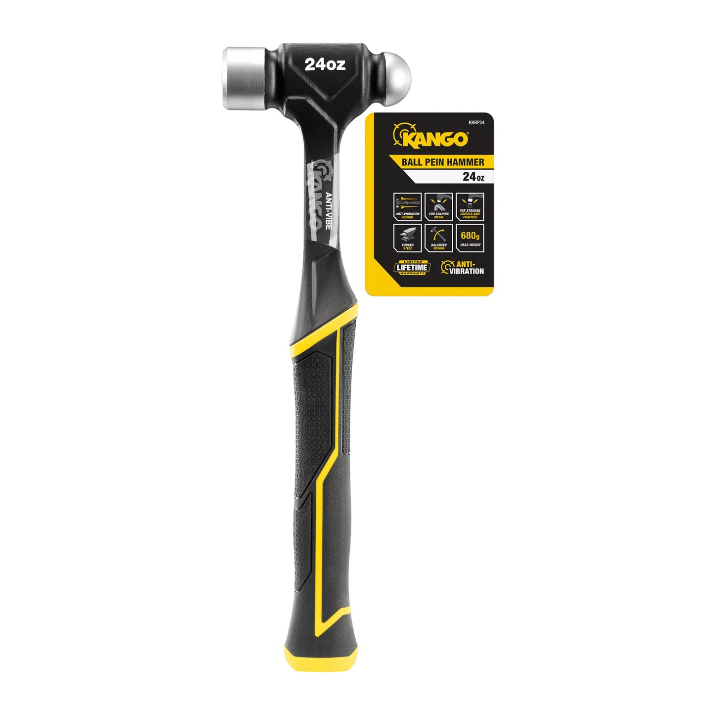 Kango 24oz Anti-Vibe Ball Pein Hammer, Dual Face, Forged Steel, Vibration Reduction