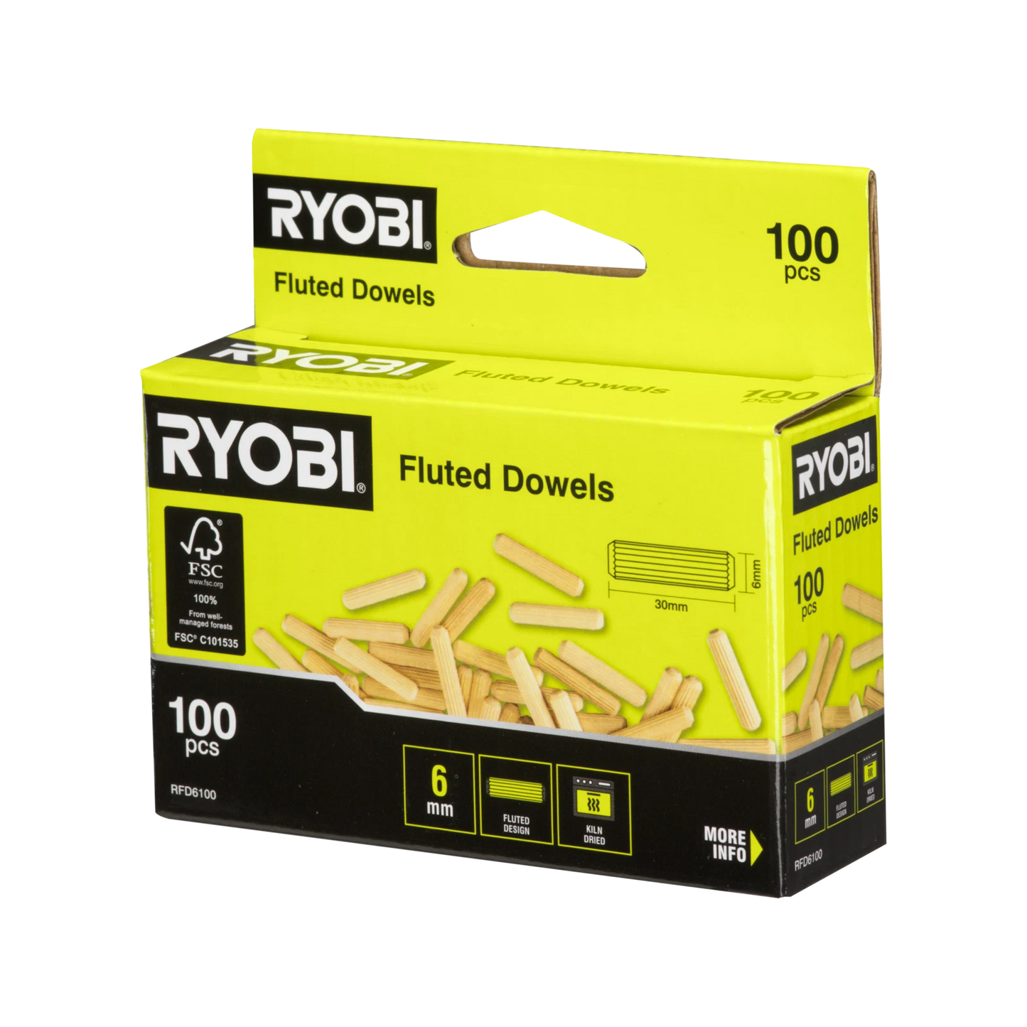 Ryobi 6mm Fluted Dowel 100 Pack - Kiln Dried, Tapered Ends, Strong Joint Strength