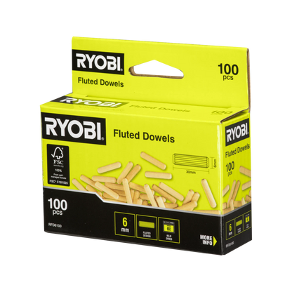 Ryobi 6mm Fluted Dowel 100 Pack - Kiln Dried, Tapered Ends, Strong Joint Strength