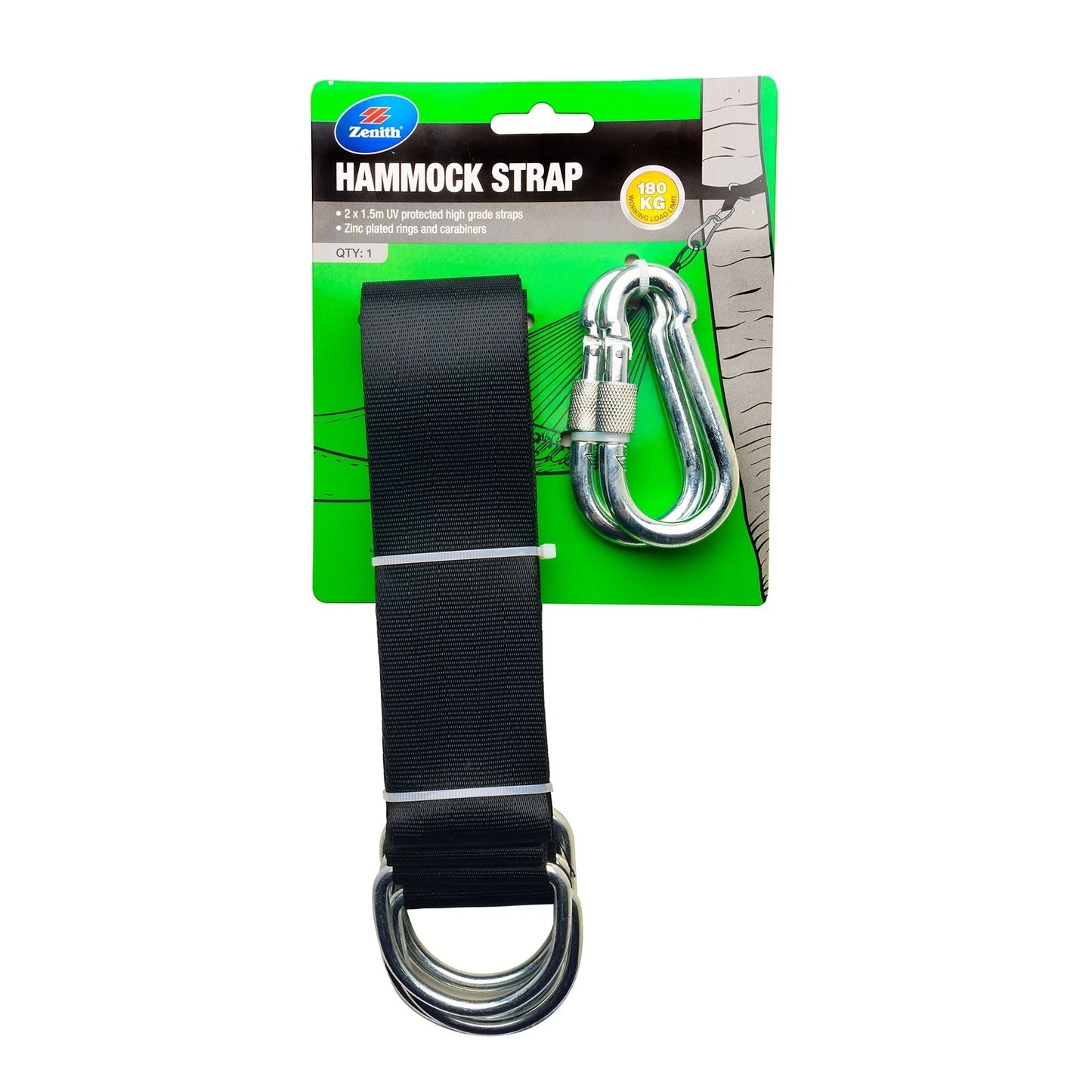 Zenith Hammock Straps with Carabiners, 180kg Load, Zinc Plated, Easy Setup
