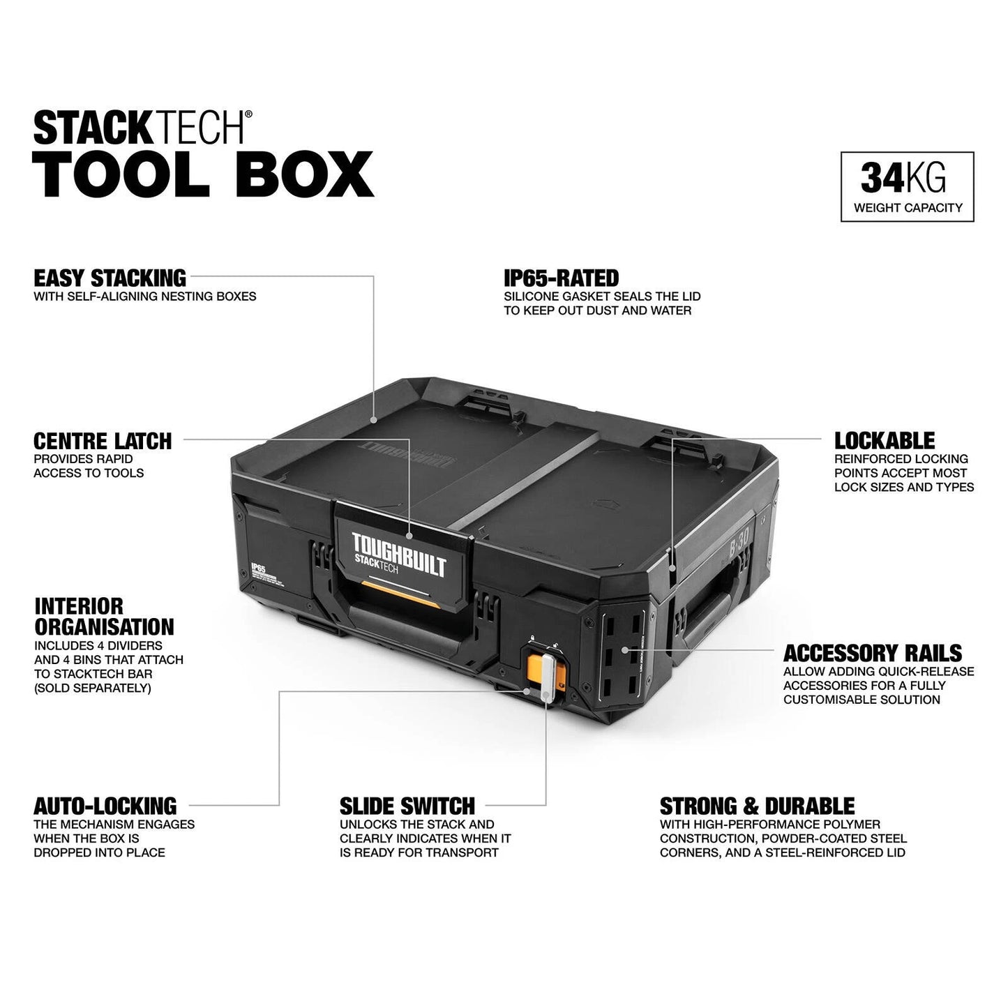ToughBuilt StackTech Tool Box - Durable, IP65 Water Resistant, Easy Stacking, Customizable