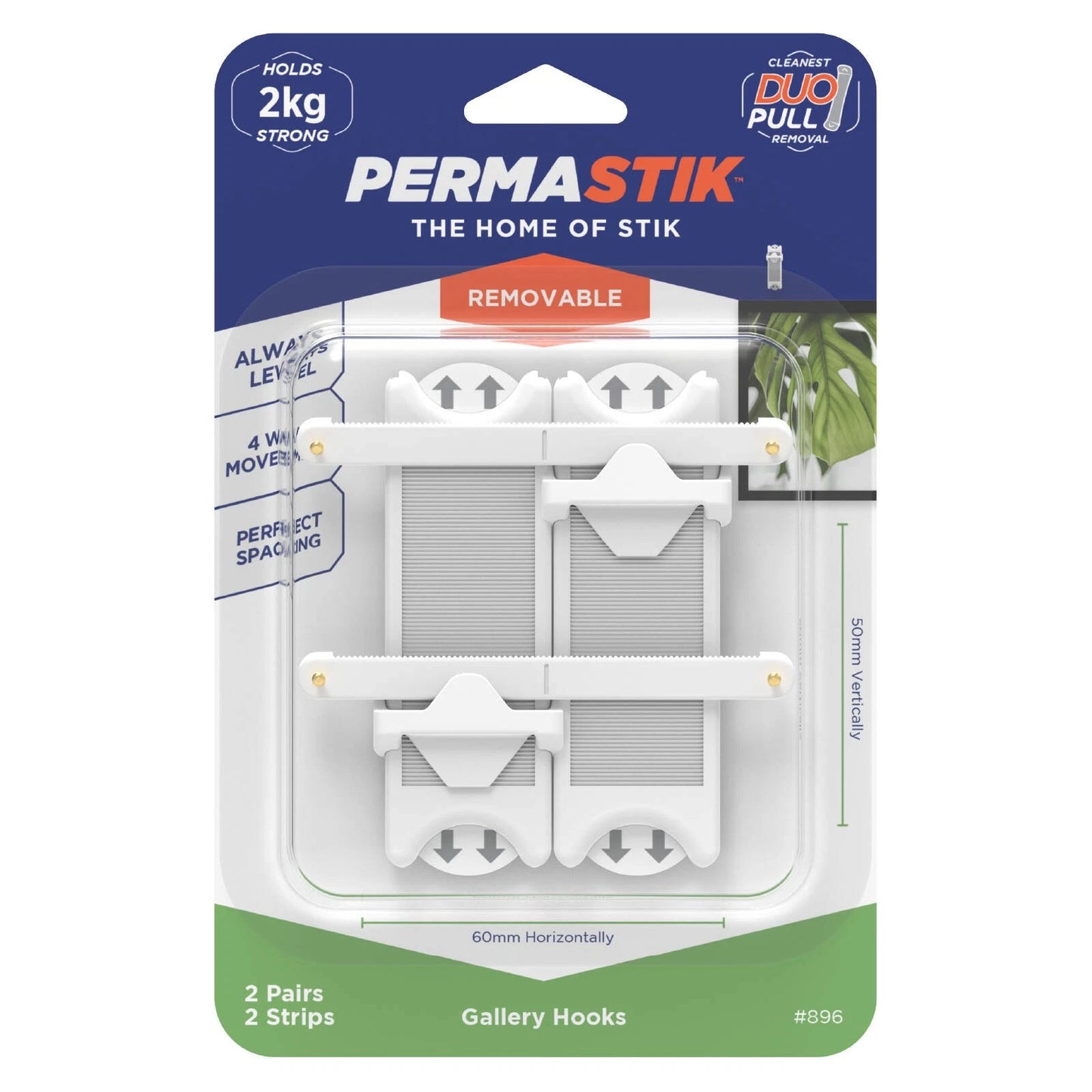 Permastik Adjustable Picture Hooks 2 Pack, No Drilling, Supports 2kg, Clean Removal