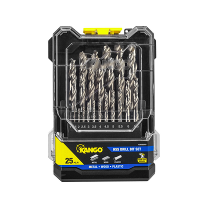 Kango 25 Piece HSS Drill Bit Set, Four-Cut Design, 135° Split Point, Tapered Core