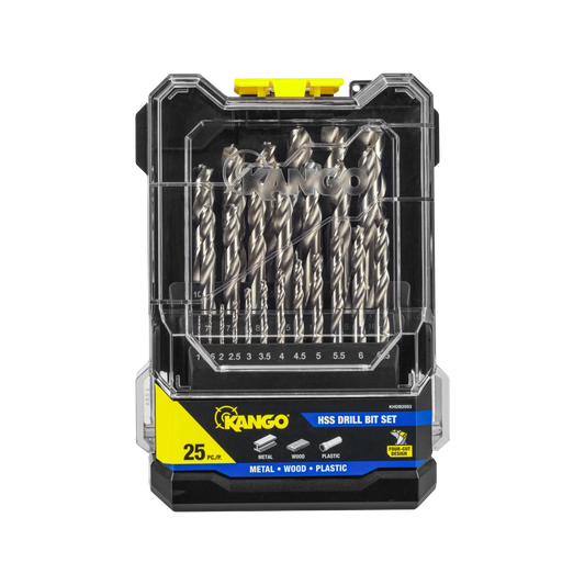 Kango 25 Piece HSS Drill Bit Set, Four-Cut Design, 135° Split Point, Tapered Core