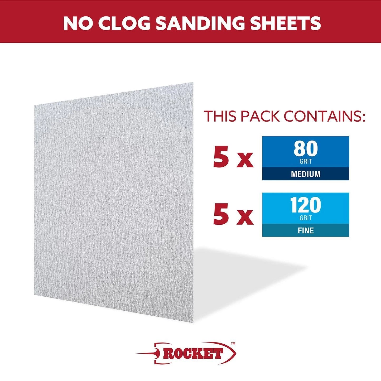 Rocket Premium Sanding Sheets 10 Pack, No Clog, 80-240 Grit, Hand & Machine Use