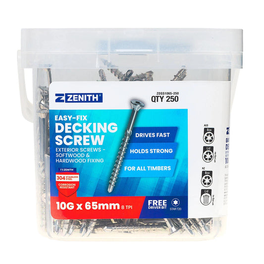 Zenith Easy-Fix SS304 Decking Screws T20 10G x 65mm - 250 Pack, Corrosion Resistant
