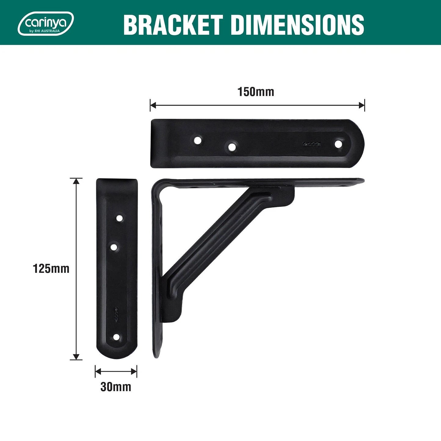 Carinya Black Light Stayed Bracket 150x125mm, 100kg Load, Powder Coated Steel