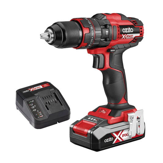 Ozito PXC 18V Hammer Drill Kit, 2.5Ah Battery, 13MM Keyless Chuck, 2 Speed, 21 Torque Settings