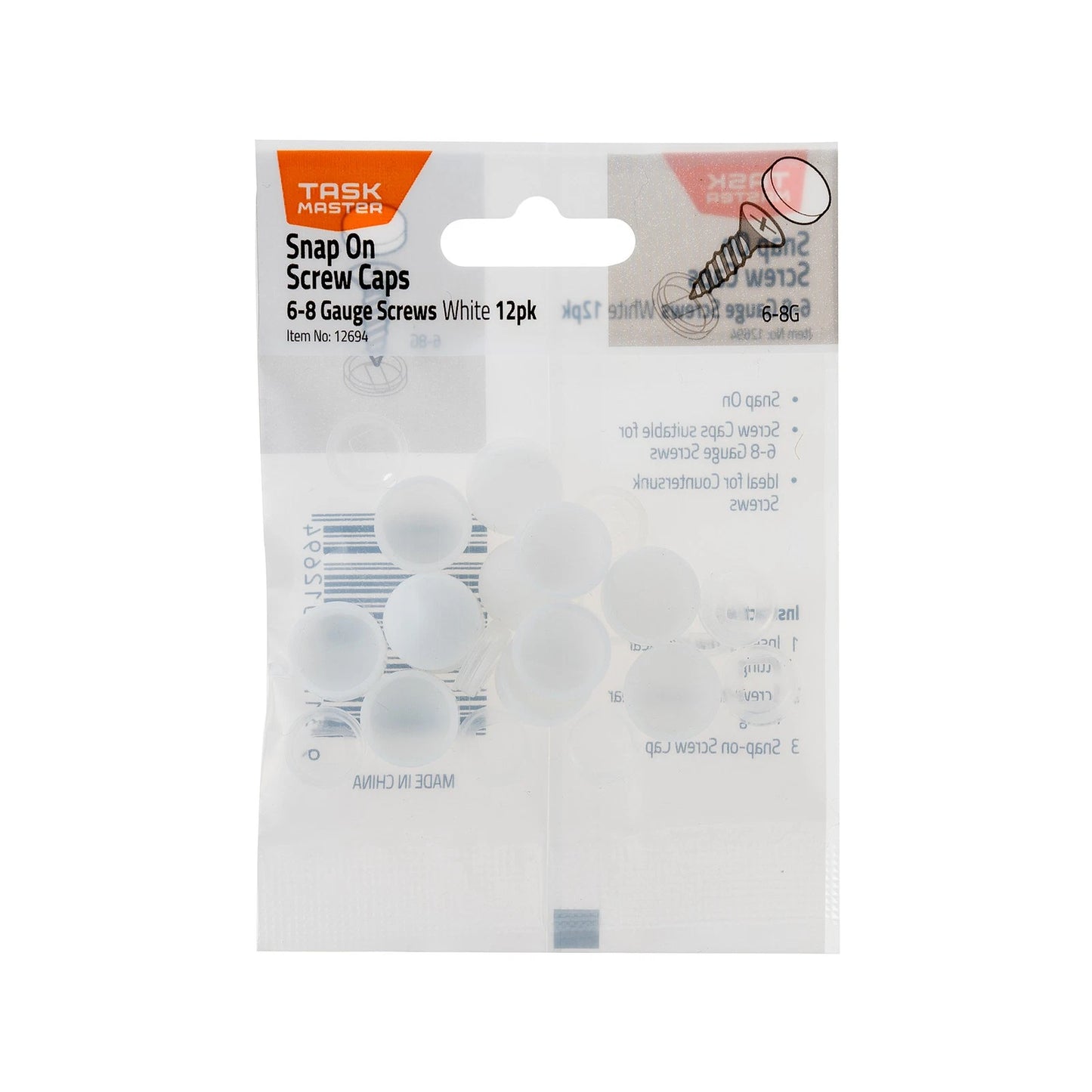 Taskmaster White Snap-On Screw Caps 12 Pack - Easy Install, Universal Fit, Elegant Finish