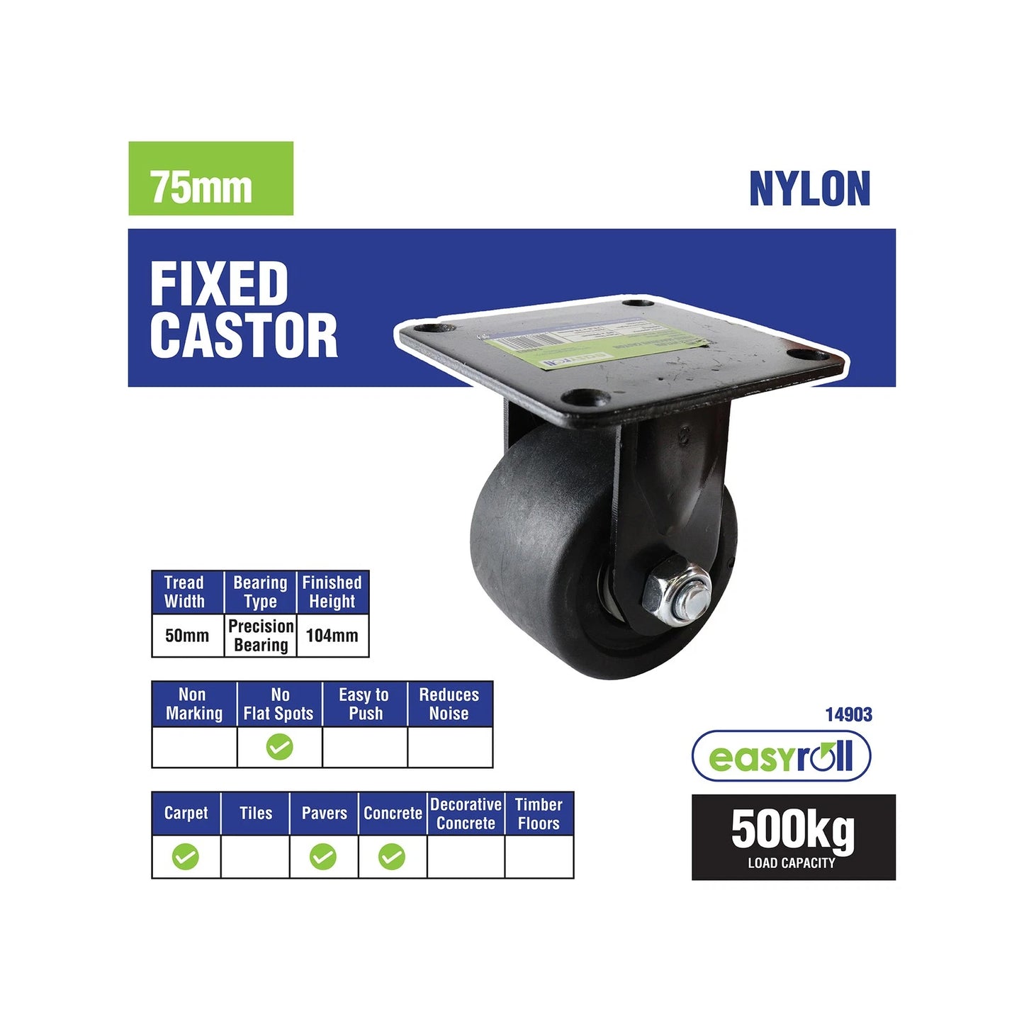 Easyroll 75mm 500kg Black Fixed Machine Castor, Heavy Duty Nylon Wheels
